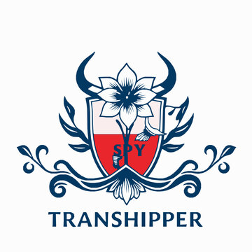 Transhipper logo design with shield flower and decorative elements for branding and identity