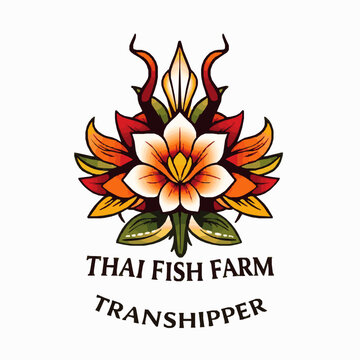 Unique thai fish farm transhipper symbol with elaborate flower and leaf design