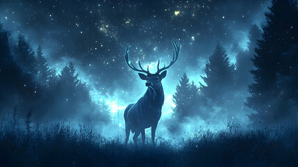 Majestic stag silhouetted against a starry night sky.