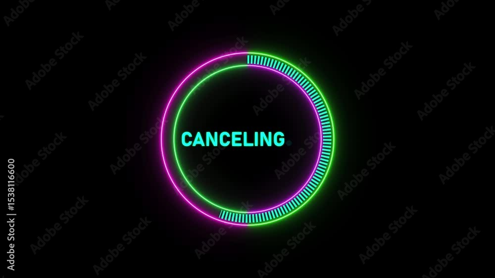 Poster text of canceling video of neon circle and electricity with loading transfer.