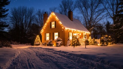 A cozy suburban house covered in festive Christmas lights, surrounded by snow, under a clear starry sky on a cold winter night.