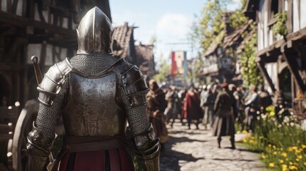 Medieval Knight in Full Armor, Back View, Amidst a Busy Town Square