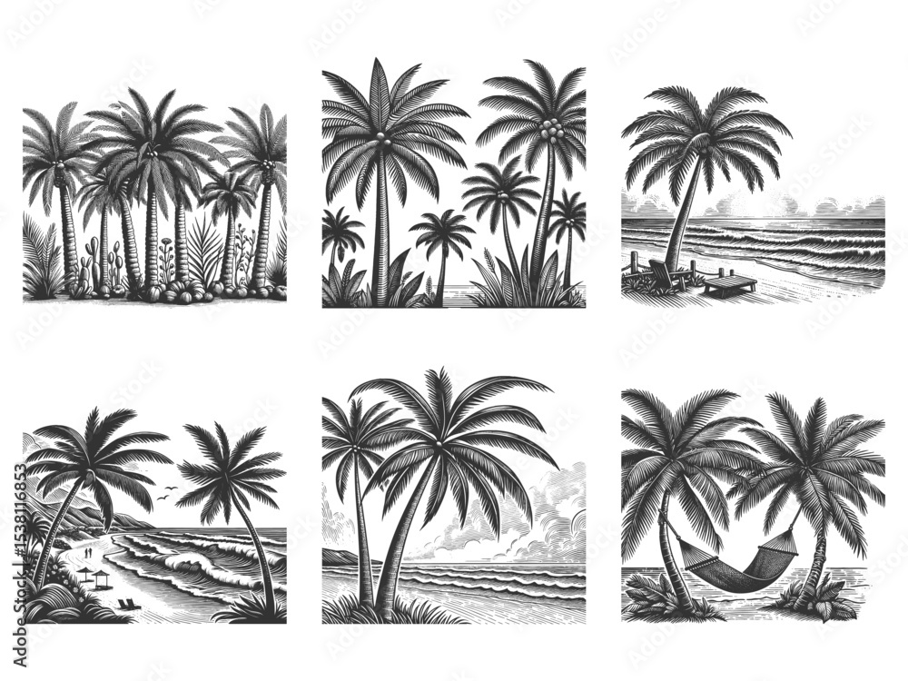Aufkleber palm tree set collection bundle sketch engraving generative ai vector illustration. scratch board im