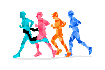 Silhouette colorful of a person running across the finish line isolated on white background. Marathon finish line illustration.