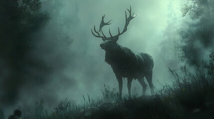 Majestic stag silhouetted in a misty forest.