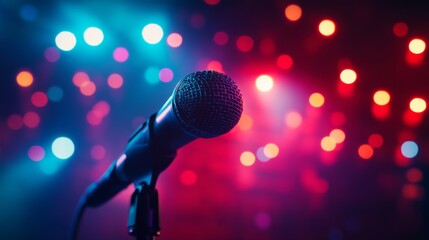 Obraz premium A creative shot of a on a stand with colorful stage lights reflecting off its surface, creating an atmosphere of excitement and anticipation for a performance.