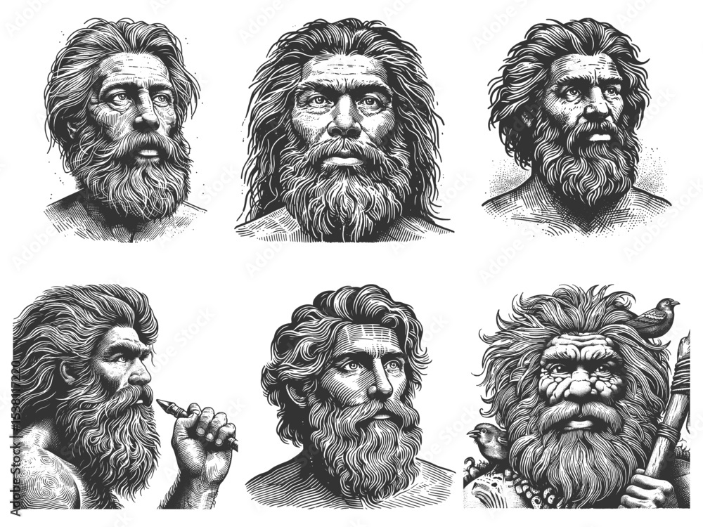 Poster caveman and rugged primitive man with wild hair set collection bundle sketch engraving generative ai