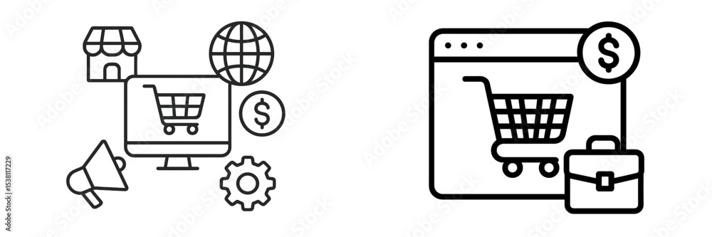 Poster outline of online shopping concepts illustrating digital sales strategies and e-commerce elements re