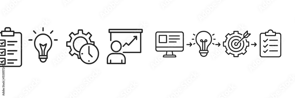 Poster creative process and project management tools illustrated in a linear sequence for effective teamwor