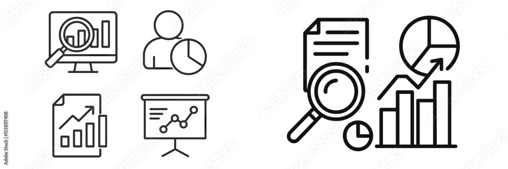 Poster business analytics illustrations showing data analysis and presentation tools for professionals work