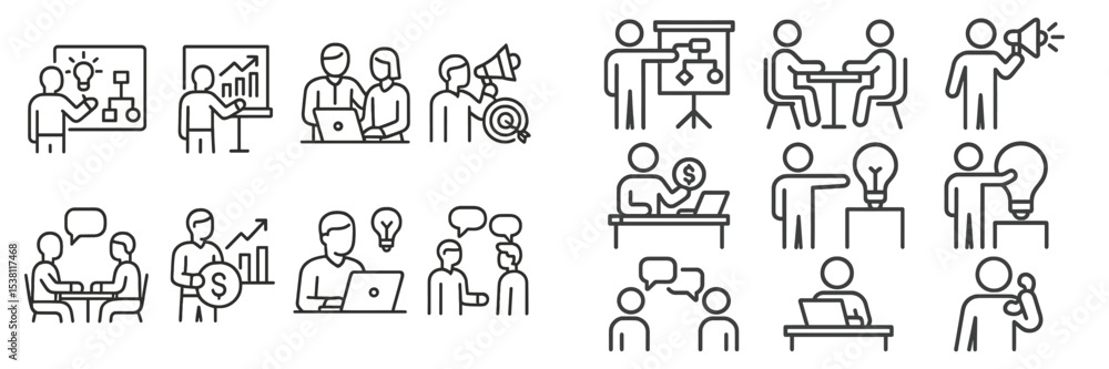 Poster professional teamwork and brainstorming sessions represented through simple line art illustrations s