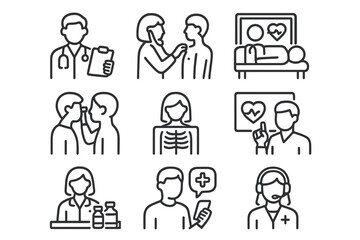 Various healthcare and medical activity icons representing patient care and doctor-patient interactions in a clinical setting