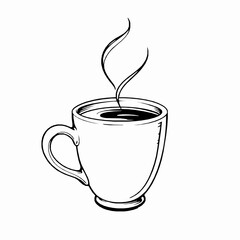 Black and white sketch of a coffee cup with steam illustration minimalist design
