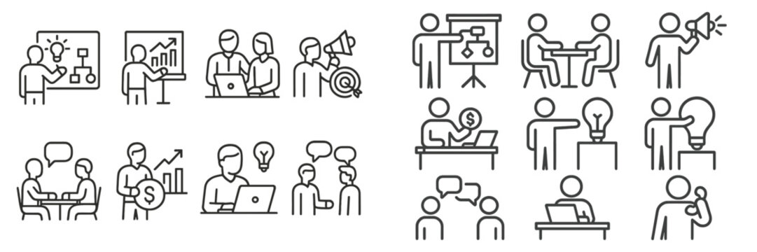Professional teamwork and brainstorming sessions represented through simple line art illustrations showcasing various business activities and ideas