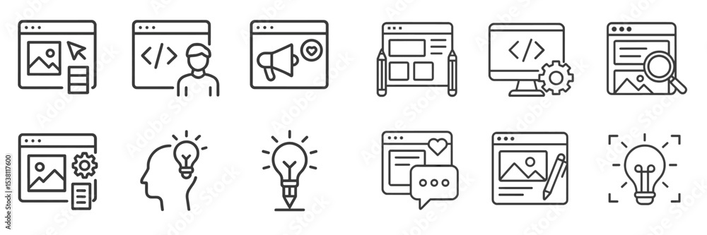 Poster creative digital design elements showcasing web development concepts through minimalistic iconograph