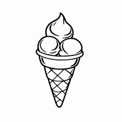 Ice cream cone with three scoops black and white line art illustration