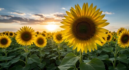 Single blooming sunflower close up in evening light