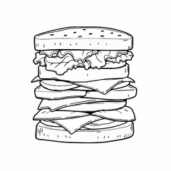 Hand drawn sandwich illustration with cheese lettuce and tomato black and white line art