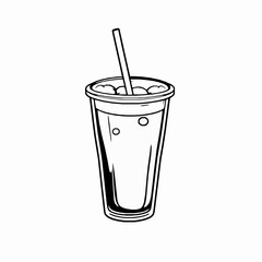 Black and white outline of drink with bubbles and straw vector illustration