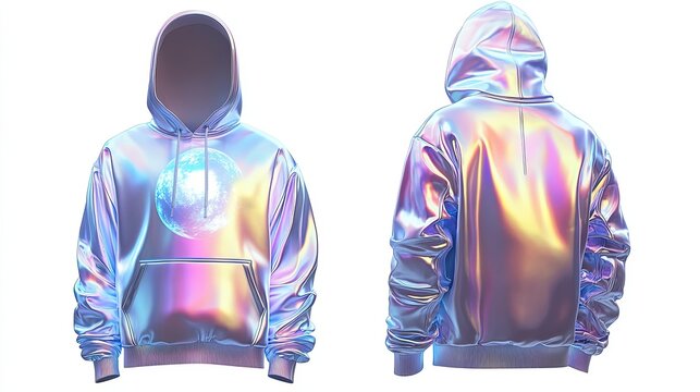Metallic chrome male hoodie, front and back view, space station view theme, front has a futuristic hologram moon, back displays an ultra-modern cosmic sky as seen from a space station window