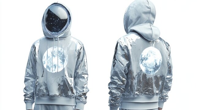 Metallic chrome male hoodie, front and back view, space station view theme, front has a futuristic hologram moon, back displays an ultra-modern cosmic sky as seen from a space station window