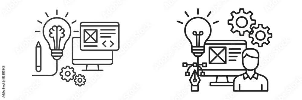 Poster creative illustration depicting idea generation and tech design in a workspace with gears and comput