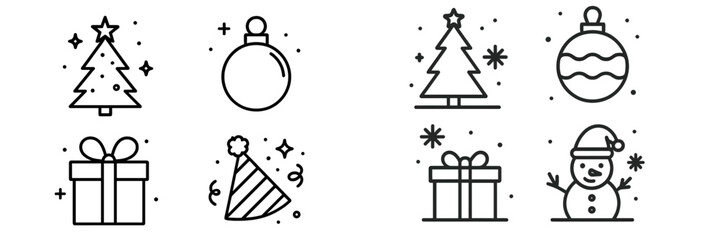 Festive holiday icons featuring Christmas trees, ornaments, gifts, and a snowman in a cheerful winter design