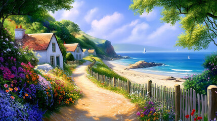 Serene coastal vista features cottages nestled near a beach with a dirt path lined with flowers, evoking tranquility and natural beauty.