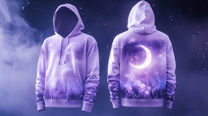 Obraz premium Lavender mist male hoodie, front and back view, astral dreams theme, front has a sleepy crescent moon, back showcases a dreamlike sky with floating stardust clouds, white background, isolated