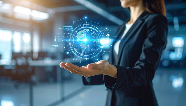 Digital World's Embrace: A businessperson gracefully presents a glowing digital world projection, symbolizing the power of technology and global connectivity.