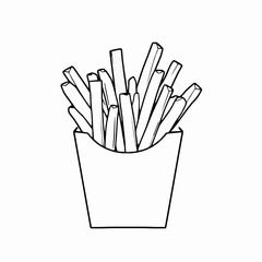 Hand drawn french fries in a box black and white outline illustration style
