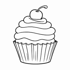 Black and white outline cupcake with cherry on top simple dessert illustration