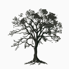 Detailed monochrome tree illustration showing branches roots and foliage with grunge style