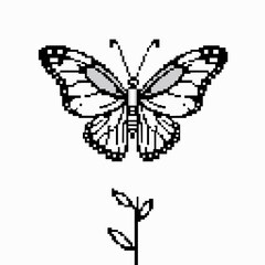 Pixel art butterfly illustration with leaves black and white retro design
