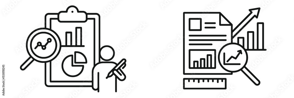 Poster graphic design illustrating data analysis and report creation with charts and graphs