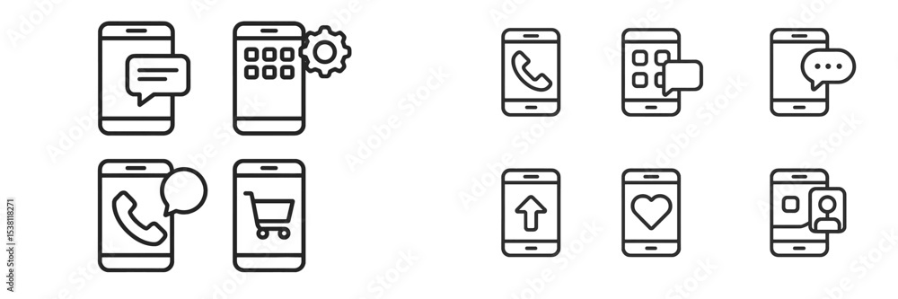 Poster collection of line icons showing mobile app functionalities and communication options on smartphones