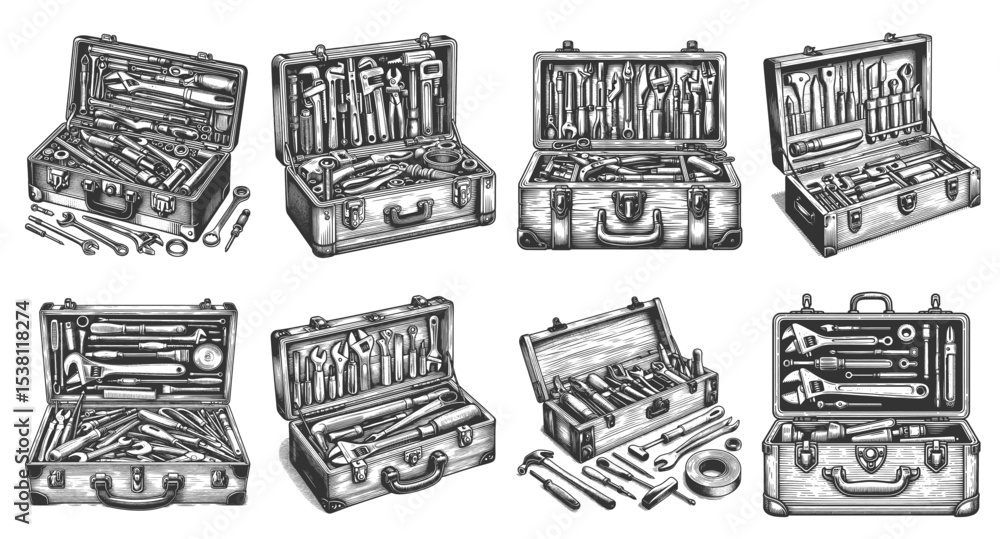 Poster open toolboxes filled with various hand tools, perfect for diy, repair, or workshop themes set colle