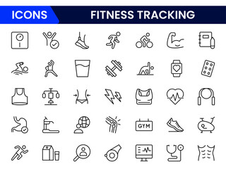 Dynamic vector web line icons depicting fitness tracking, wearables, exercise stats, health apps, and wellness monitoring for active lifestyles.