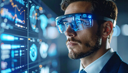 Digital Visionary: A focused businessman wearing futuristic smart glasses analyzes data displayed on a large digital screen.