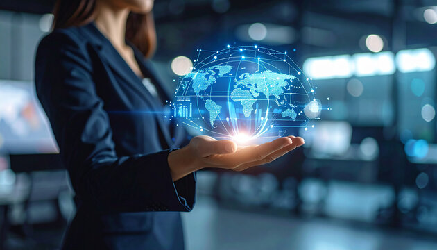 Global Connection at Your Fingertips: A poised professional lady elegantly cradles a vibrant digital globe. The image, exuding a sense of technological mastery and forward-thinking.