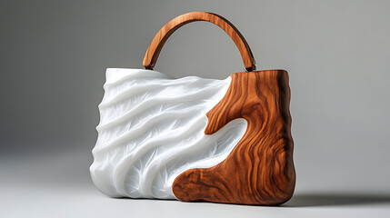 Exquisite handbag crafted with rich brown wood and smooth white resin, showcasing elegance and unique design.