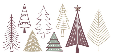 Obraz premium various stylized christmas trees in muted tones isolated on a white background 