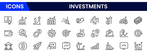Sleek vector web line icons depicting investments, stocks, portfolios, growth, financial planning, and wealth-building strategies for economic success.