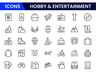 Vibrant vector web line icons depicting hobbies, entertainment, music, games, crafts, and leisure activities for joyful personal fulfillment.
