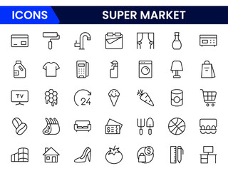 Vibrant vector web line icons depicting supermarket essentials, groceries, carts, checkout, and retail for seamless shopping experiences.