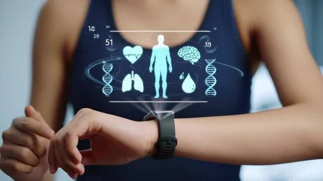 Close-Up of Smartwatch Displaying Futuristic Holographic Human Health Data. Digital Healthcare Monitoring and Medical Innovation Concept. - Powered by Adobe