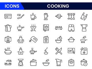 Flavorful vector web line icons depicting cooking, kitchen tools, recipes, ingredients, and culinary arts for delightful meal preparation.