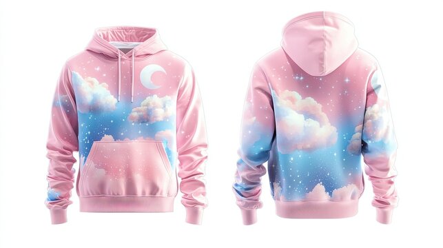 Cotton candy pink male hoodie, front and back view, dreamy clouds theme, front has a soft fluffy moon, back features a pastel starry sky with floating cloud constellations, white background