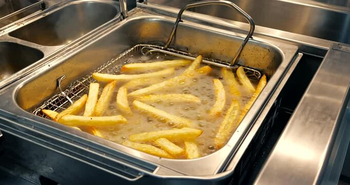 Freshly fried golden French fries cooking in a commercial deep fryer with bubbling oil