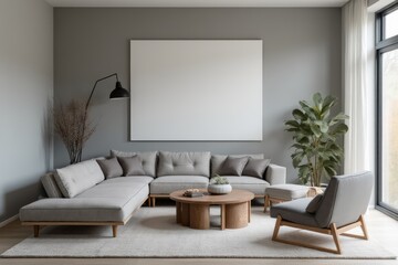 Interior of modern living room with grey sofa, coffee table and armchair